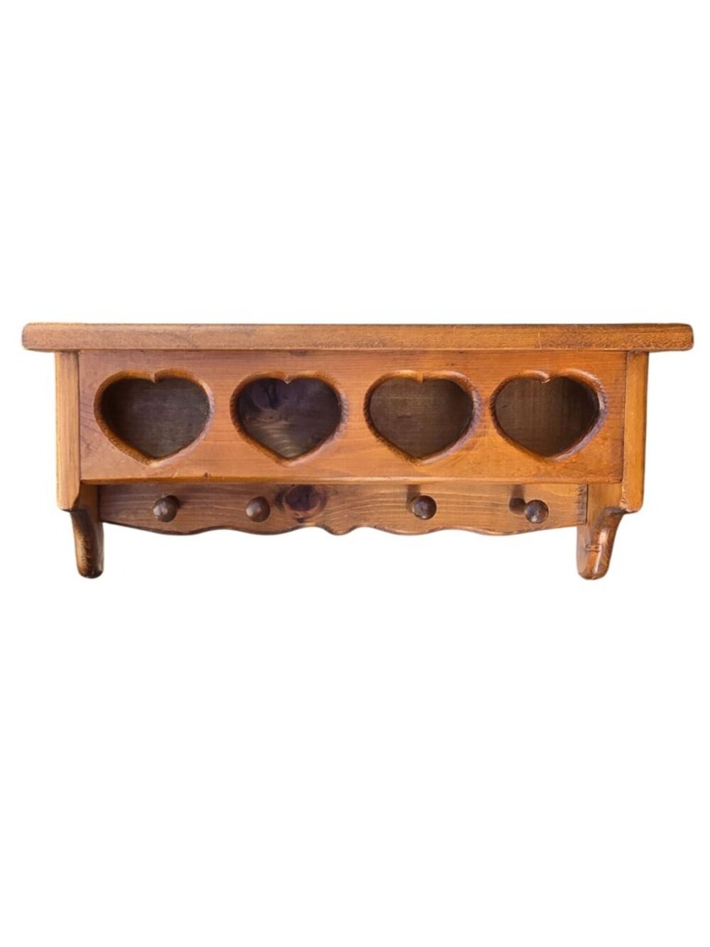 Vintage 4 Heart Wall Shelf Four Peg 19 Inch Country Farmhouse Cottagecore Wood